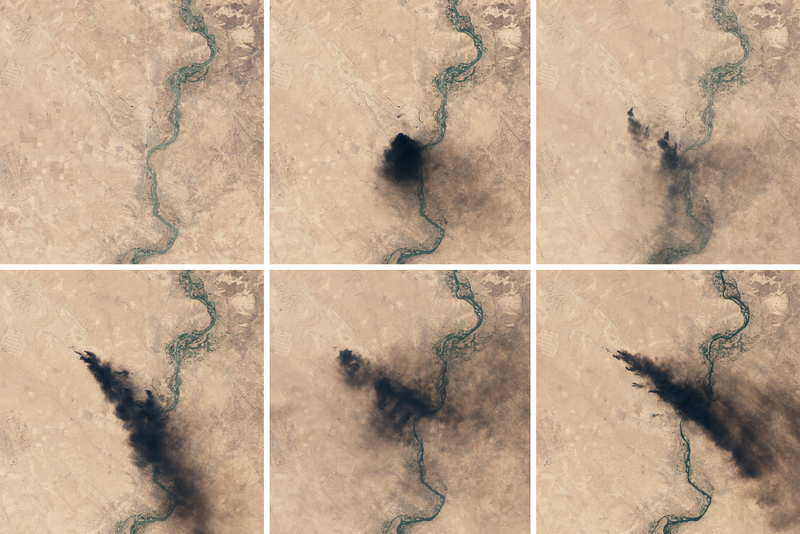 The progress of the oil well fires from May 19, 2016 (top left) to August 17, 2016 (bottom right). (Image: NASA Earth Observatory images by Joshua Stevens, using Landsat data from the U.S. Geological Survey)